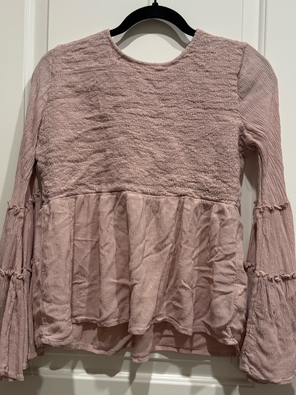 American Eagle Outfitters Dusty Pink Textured Peplum Long-Sleeve Top